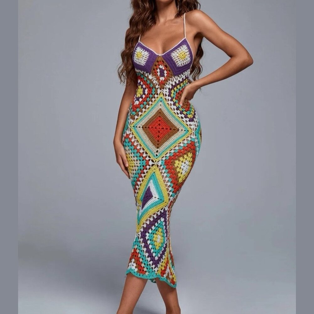 Luxury Handmade Crochet Beach Dress Multi-Color Bohemian Style Size M Stretch